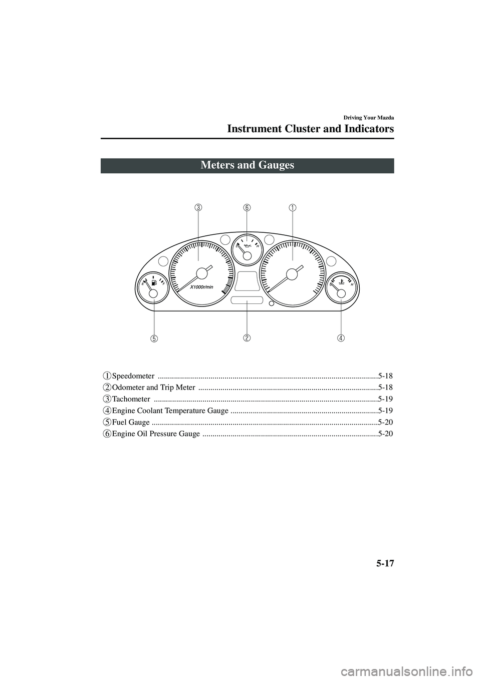 MAZDA MODEL MX-5 MIATA 2003  Owners Manual 5-17
Driving Your Mazda
Form No. 8R09-EA-02G
Instrument Cluster and Indicators
1 Speedometer ...........................................................................................................