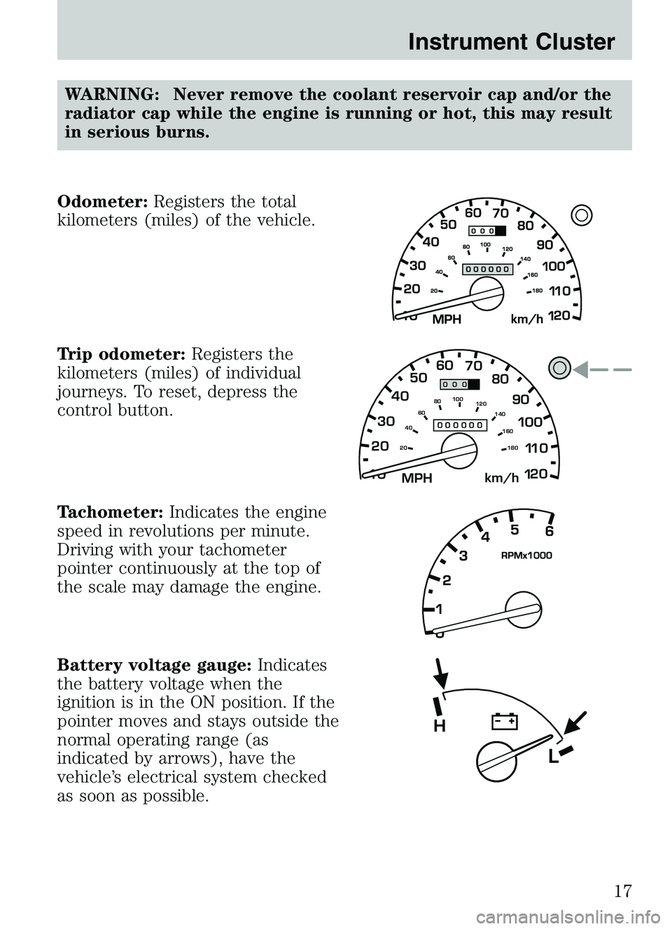 MAZDA MODEL B4000 2003  Owners Manual WARNING: Never remove the coolant reservoir cap and/or the
radiator cap while the engine is running or hot, this may result
in serious burns.
Odometer: Registers the total
kilometers (miles) of the ve