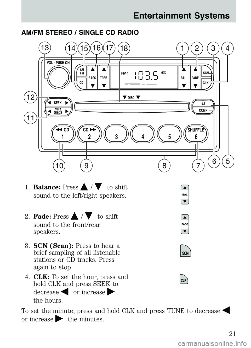MAZDA MODEL B4000 2003  Owners Manual AM/FM STEREO / SINGLE CD RADIO1. Balance: Press
/to shift
sound to the left/right speakers.
2. Fade: Press
/to shift
sound to the front/rear
speakers.
3. SCN (Scan): Press to hear a
brief sampling of 