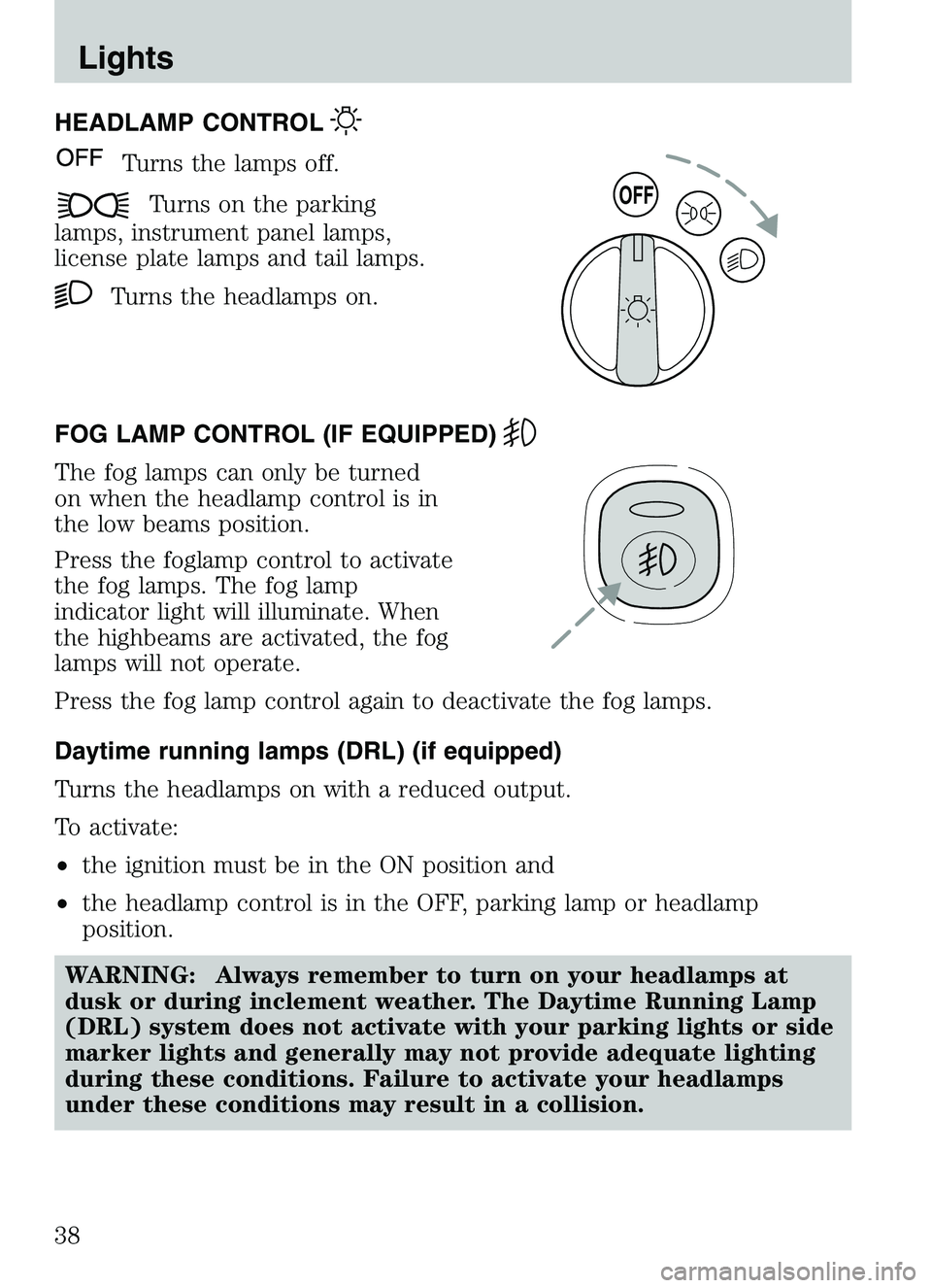 MAZDA MODEL B4000 4WD 2003  Owners Manual HEADLAMP CONTROL
Turns the lamps off.
Turns on the parking
lamps, instrument panel lamps,
license plate lamps and tail lamps.
Turns the headlamps on.
FOG LAMP CONTROL (IF EQUIPPED)
The fog lamps can o