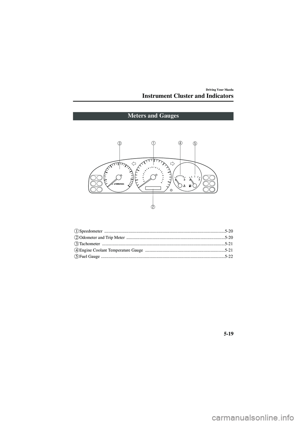 MAZDA MODEL 626 2002  Owners Manual 5-19
Driving Your Mazda
Form No. 8Q50-EA-01G
Instrument Cluster and Indicators
1 Speedometer ...........................................................................................................