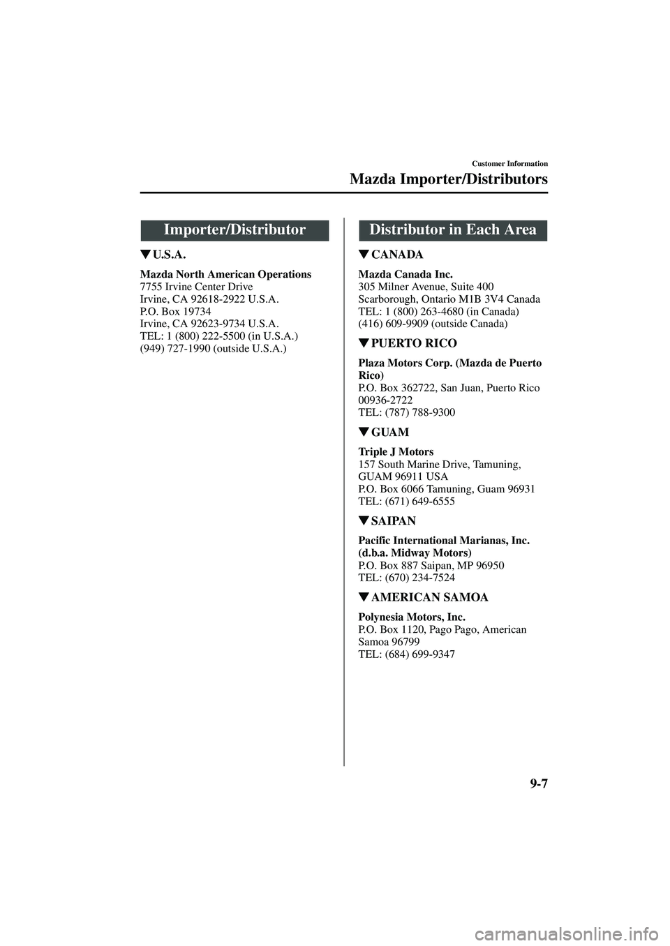MAZDA MODEL MX-5 MIATA 2002  Owners Manual 9-7
Customer Information
Form No. 8Q42-EA-01F
Mazda Importer/Distributors
U. S . A .
Mazda North American Operations
7755 Irvine Center Drive
Irvine, CA 92618-2922 U.S.A.
P.O. Box 19734
Irvine, CA 92