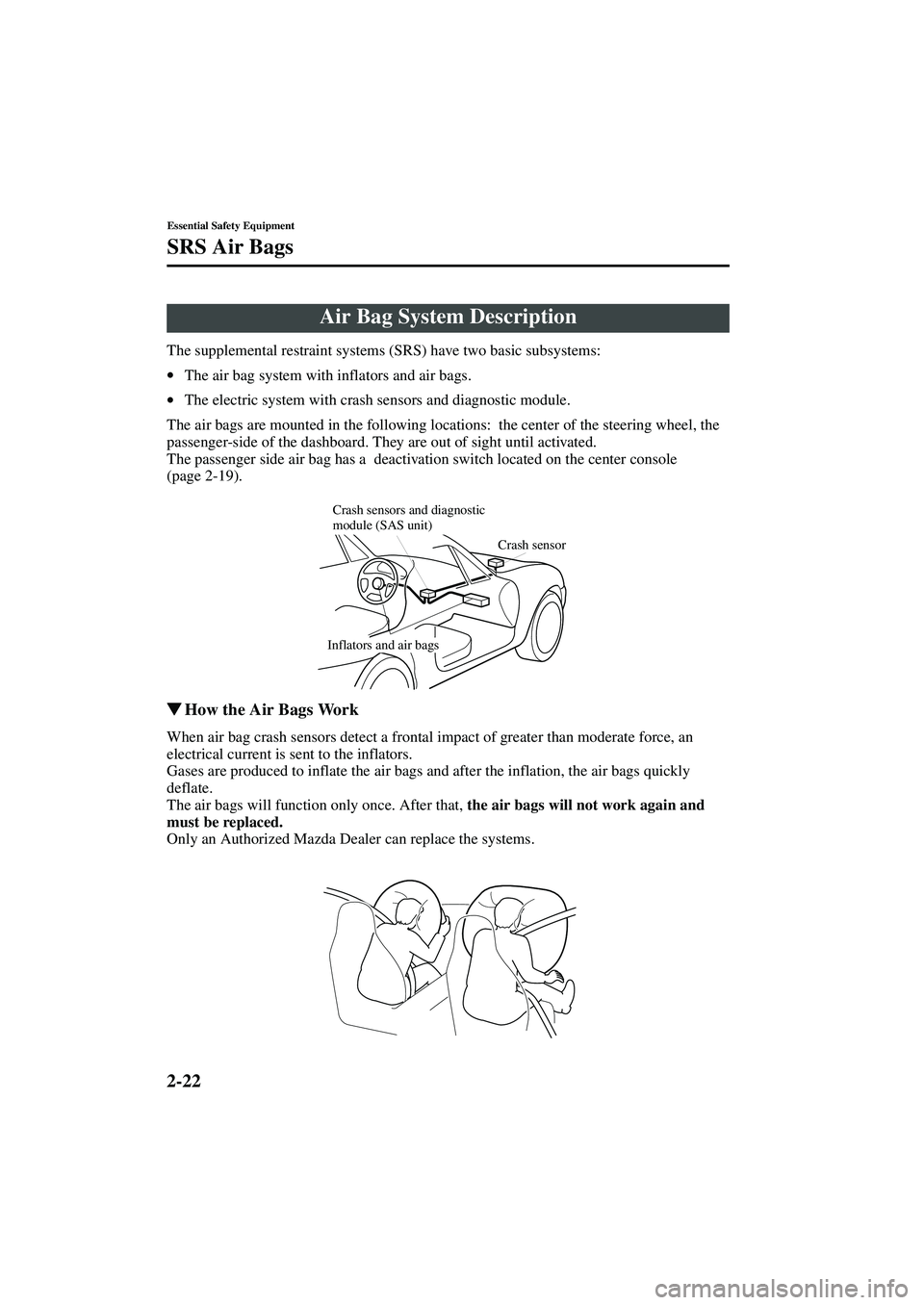 MAZDA MODEL MX-5 MIATA 2002  Owners Manual 2-22
Essential Safety Equipment
SRS Air Bags
Form No. 8Q42-EA-01F
The supplemental restraint systems (SRS) have two basic subsystems:
•The air bag system with inflators and air bags.
• The electri