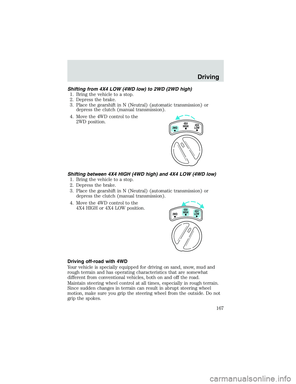 MAZDA MODEL B3000 4WD 2002 Owners Manual Shifting from 4X4 LOW (4WD low) to 2WD (2WD high)1. Bring the vehicle to a stop.
2. Depress the brake.
3. Place the gearshift in N (Neutral) (automatic transmission) or depress the clutch (manual tran MAZDA MODEL B3000 4WD 2002 Owners Manual Shifting from 4X4 LOW (4WD low) to 2WD (2WD high)1. Bring the vehicle to a stop.
2. Depress the brake.
3. Place the gearshift in N (Neutral) (automatic transmission) or depress the clutch (manual tran