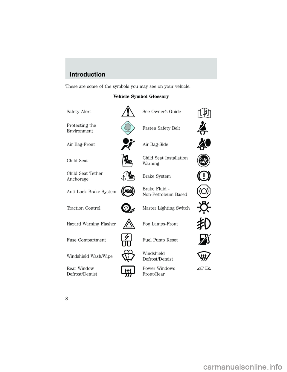 MAZDA MODEL B4000 4WD 2002  Owners Manual These are some of the symbols you may see on your vehicle.Vehicle Symbol Glossary
Safety Alert
See Owner’s Guide
Protecting the
EnvironmentFasten Safety Belt
Air Bag-FrontAir Bag-Side
Child SeatChil