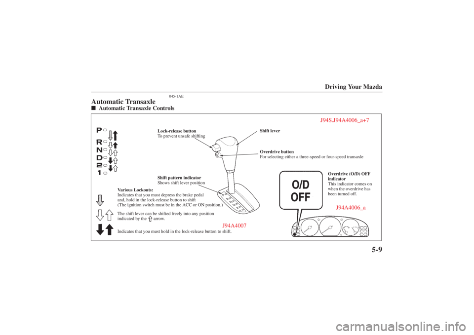 MAZDA MODEL 626 2001  Owners Manual Form No. 8P95-EA-00G
Driving Your Mazda
5-9
045-1AE
Automatic TransaxleAutomatic Transaxle Controls
Various Lockouts:
Indicates that you must depress the brake pedal 
and, hold in the lock-release bu