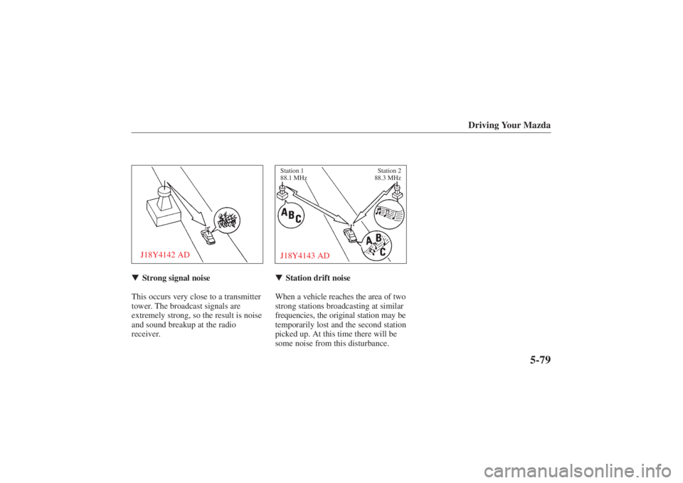MAZDA MODEL 626 2001  Owners Manual Form No. 8P95-EA-00G
Driving Your Mazda
5-79
J18Y4142 ADStrong signal noise
This occurs very close to a transmitter
tower. The broadcast signals are
extremely strong, so the result is noise
and sound