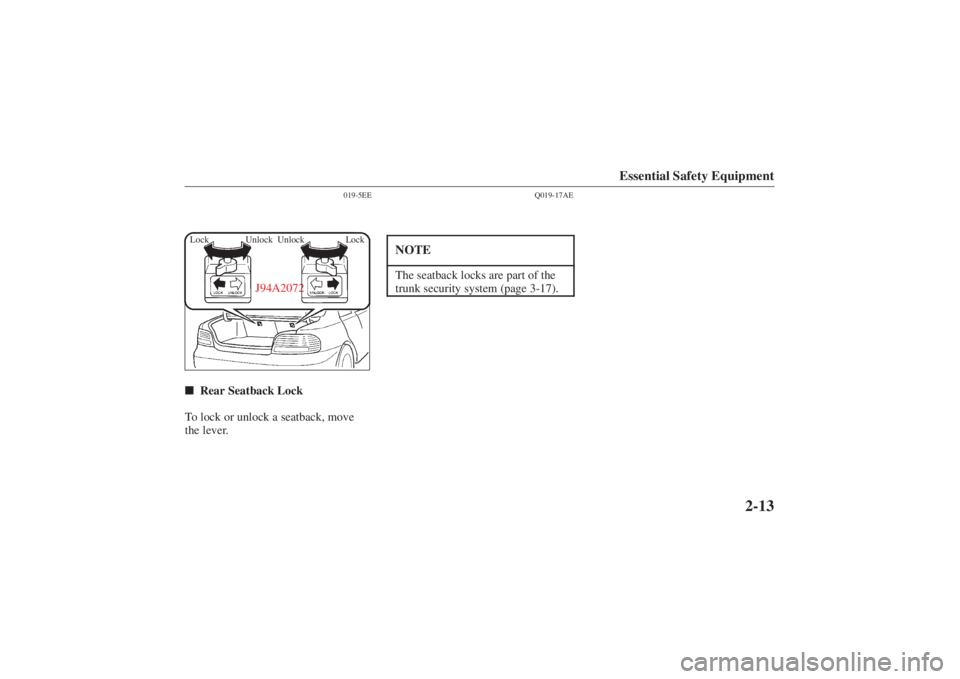 MAZDA MODEL 626 2001 Owners Manual Form No. 8P95-EA-00G
Essential Safety Equipment
2-13
019-5EE
J94A2072
Unlock
Unlock Lock
Lock
 Rear Seatback Lock
To lock or unlock a seatback, move
the lever.
Q019-17AE
NOTEThe seatback locks are pa
