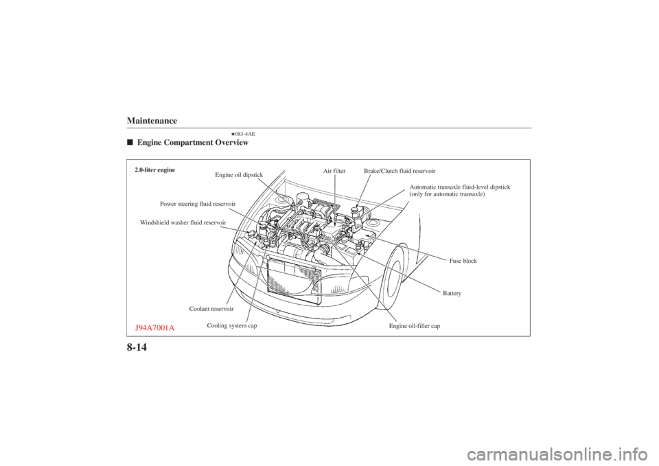 MAZDA MODEL 626 2001 User Guide Form No. 8P95-EA-00G
Maintenance8-14
083-4AE
 Engine Compartment Overview
Cooling system cap
2.0-liter engine
Engine oil dipstick Air filter
Automatic transaxle fluid-level dipstick
(only for automa