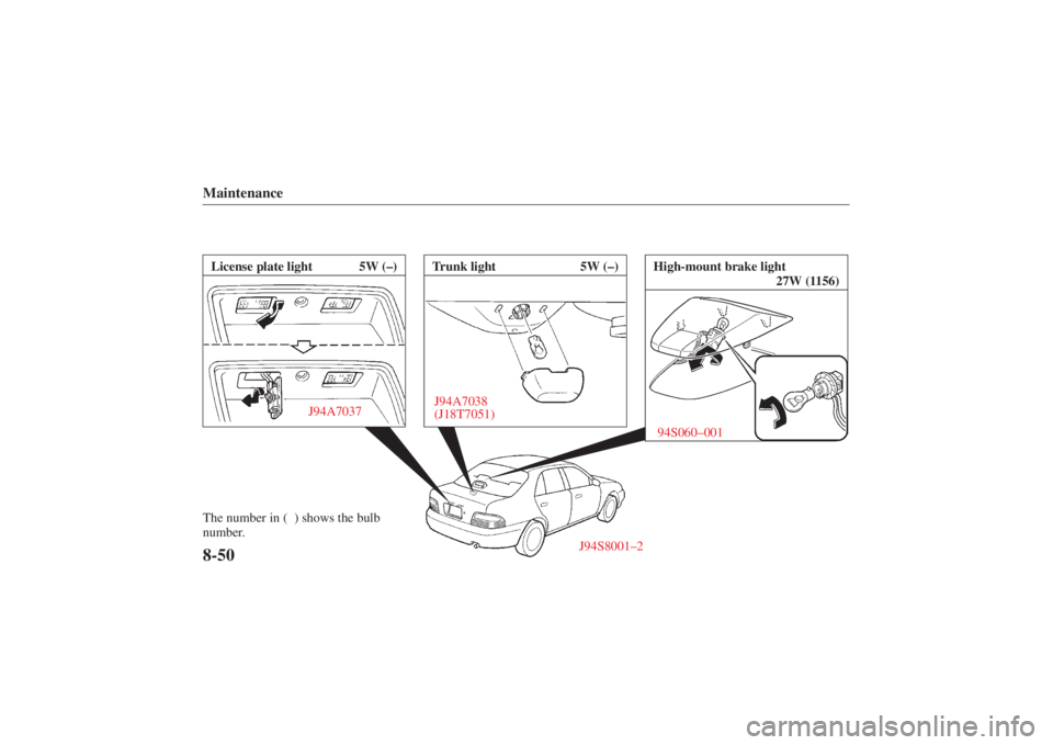 MAZDA MODEL 626 2001  Owners Manual Form No. 8P95-EA-00G
The number in (  ) shows the bulb
number.
J94S8001–2
Maintenance8-50License plate light 5W (–)J94A7037
J94A7038
(J18T7051)Trunk light 5W (–)
High-mount brake light
27W (1156