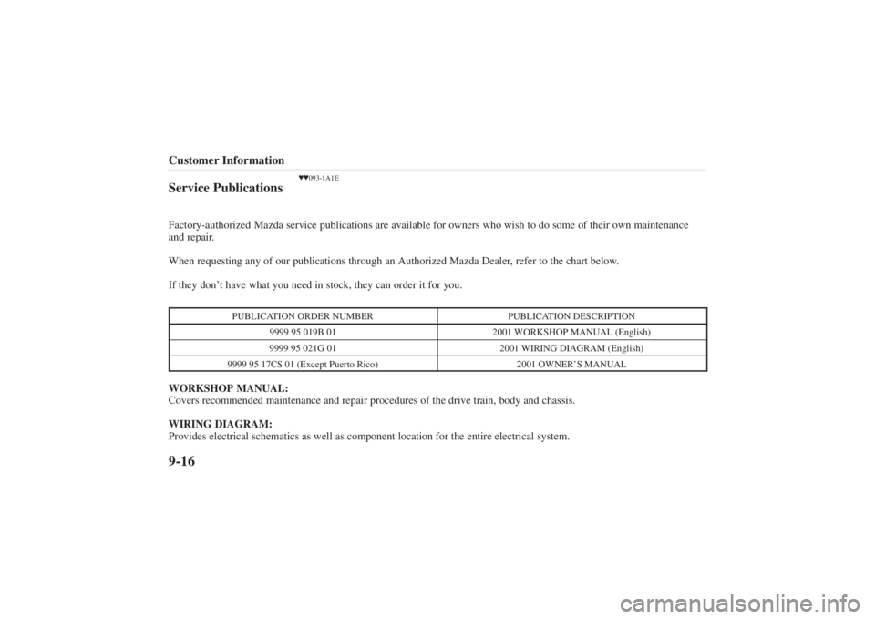 MAZDA MODEL 626 2001  Owners Manual Form No. 8P95-EA-00G
Customer Information9-16
093-1A1E
Service PublicationsFactory-authorized Mazda service publications are available for owners who wish to do some\
 of their own maintenance
and r