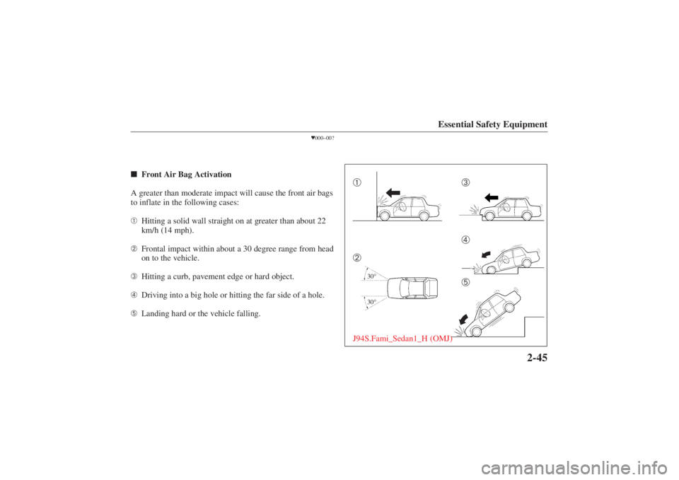 MAZDA MODEL 626 2001 Workshop Manual Form No. 8P95-EA-00G
Essential Safety Equipment
2-45
000–00?
 Front Air Bag Activation
A greater than moderate impact will cause the front air bags
to inflate in the following cases:
➀ Hitting a
