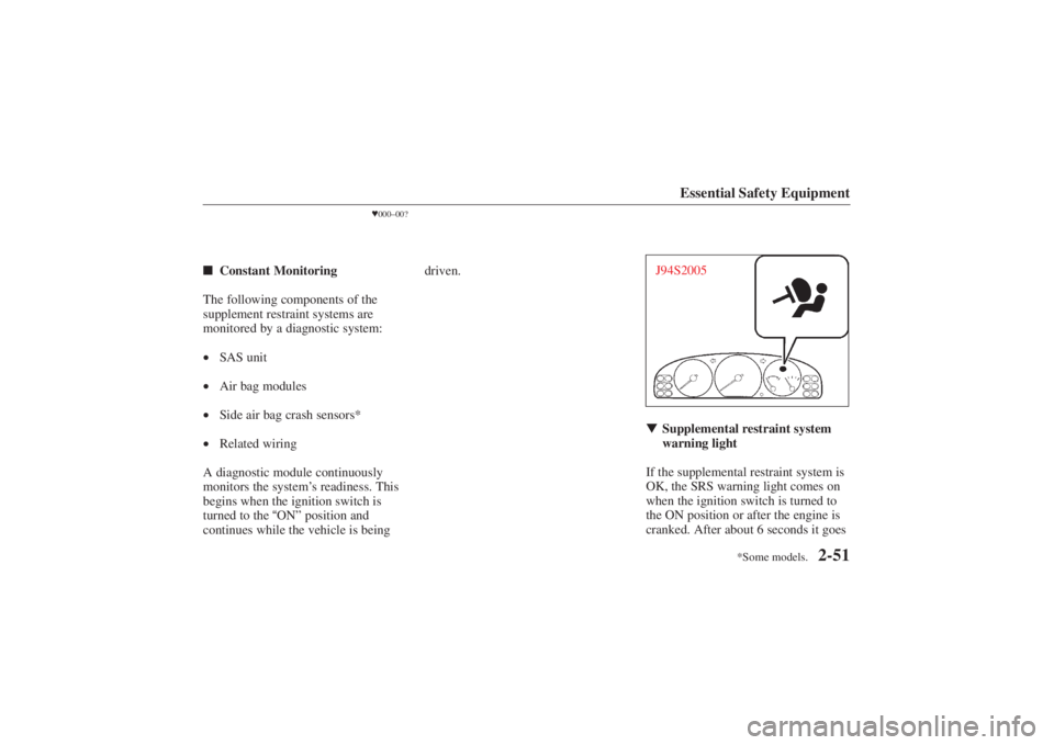 MAZDA MODEL 626 2001  Owners Manual Form No. 8P95-EA-00G
*Some models.
Essential Safety Equipment
2-51
000–00?
 Constant Monitoring
The following components of the
supplement restraint systems are
monitored by a diagnostic system:
