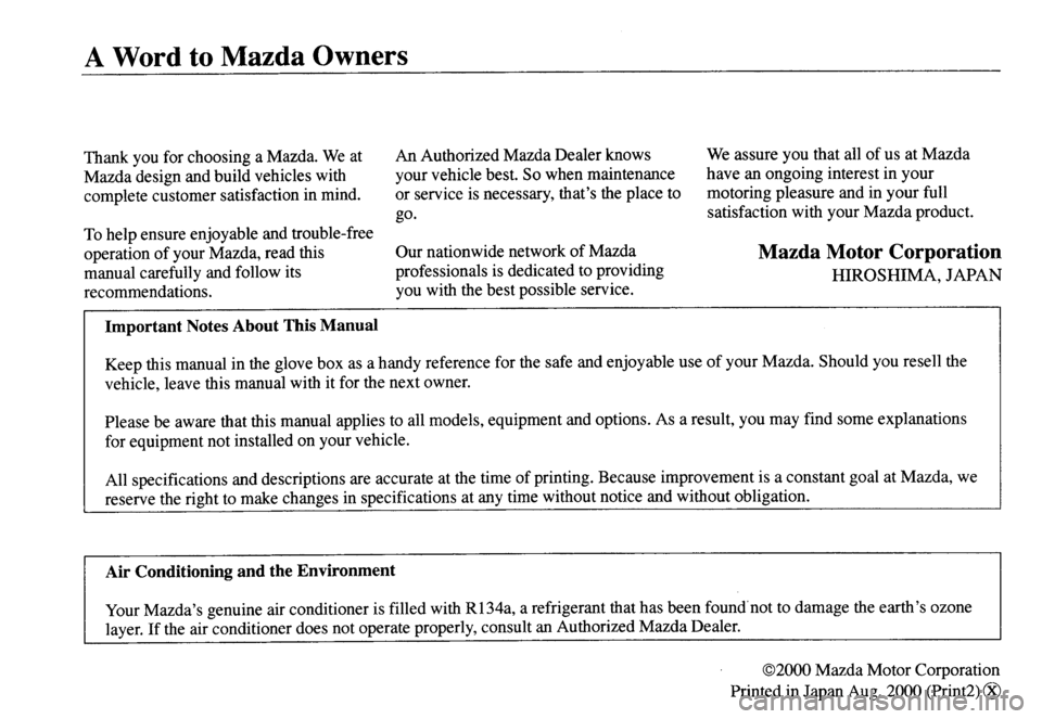 MAZDA MODEL MX-5 MIATA 2001  Owners Manual 