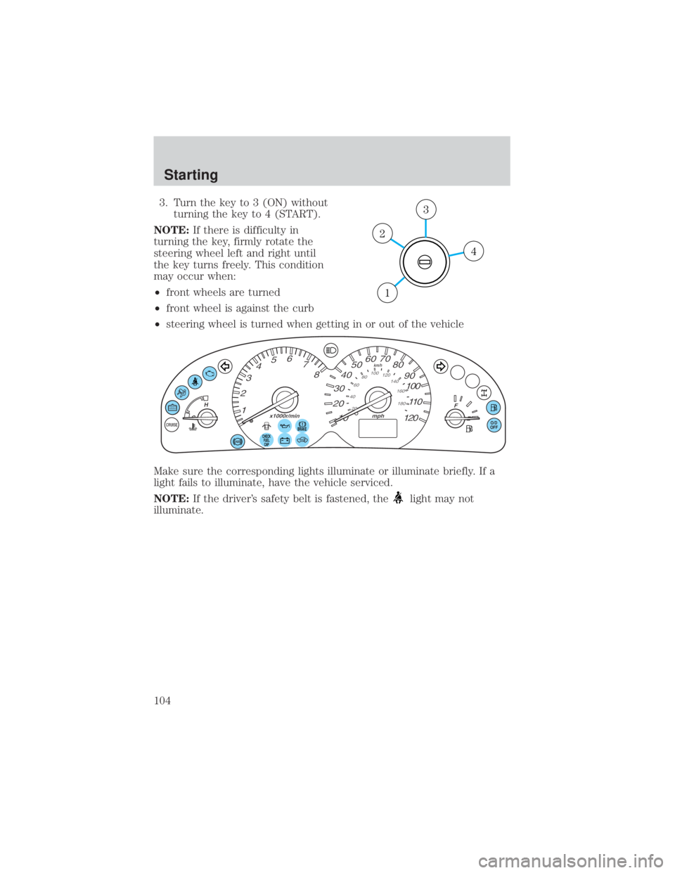 MAZDA MODEL TRIBUTE 4WD 2001  Owners Manual 3. Turn the key to 3 (ON) withoutturning the key to 4 (START).
NOTE: If there is difficulty in
turning the key, firmly rotate the
steering wheel left and right until
the key turns freely. This conditi