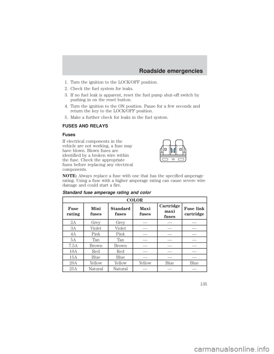 MAZDA MODEL TRIBUTE 4WD 2001  Owners Manual 1. Turn the ignition to the LOCK/OFF position.
2. Check the fuel system for leaks.
3. If no fuel leak is apparent, reset the fuel pump shut-off switch bypushing in on the reset button.
4. Turn the ign