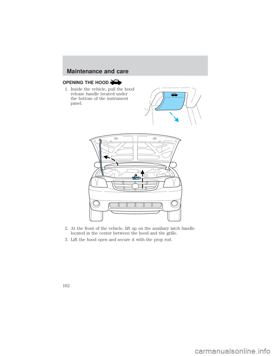 MAZDA MODEL TRIBUTE 4WD 2001  Owners Manual OPENING THE HOOD
1. Inside the vehicle, pull the hoodrelease handle located under
the bottom of the instrument
panel.
2. At the front of the vehicle, lift up on the auxiliary latch handle located in t