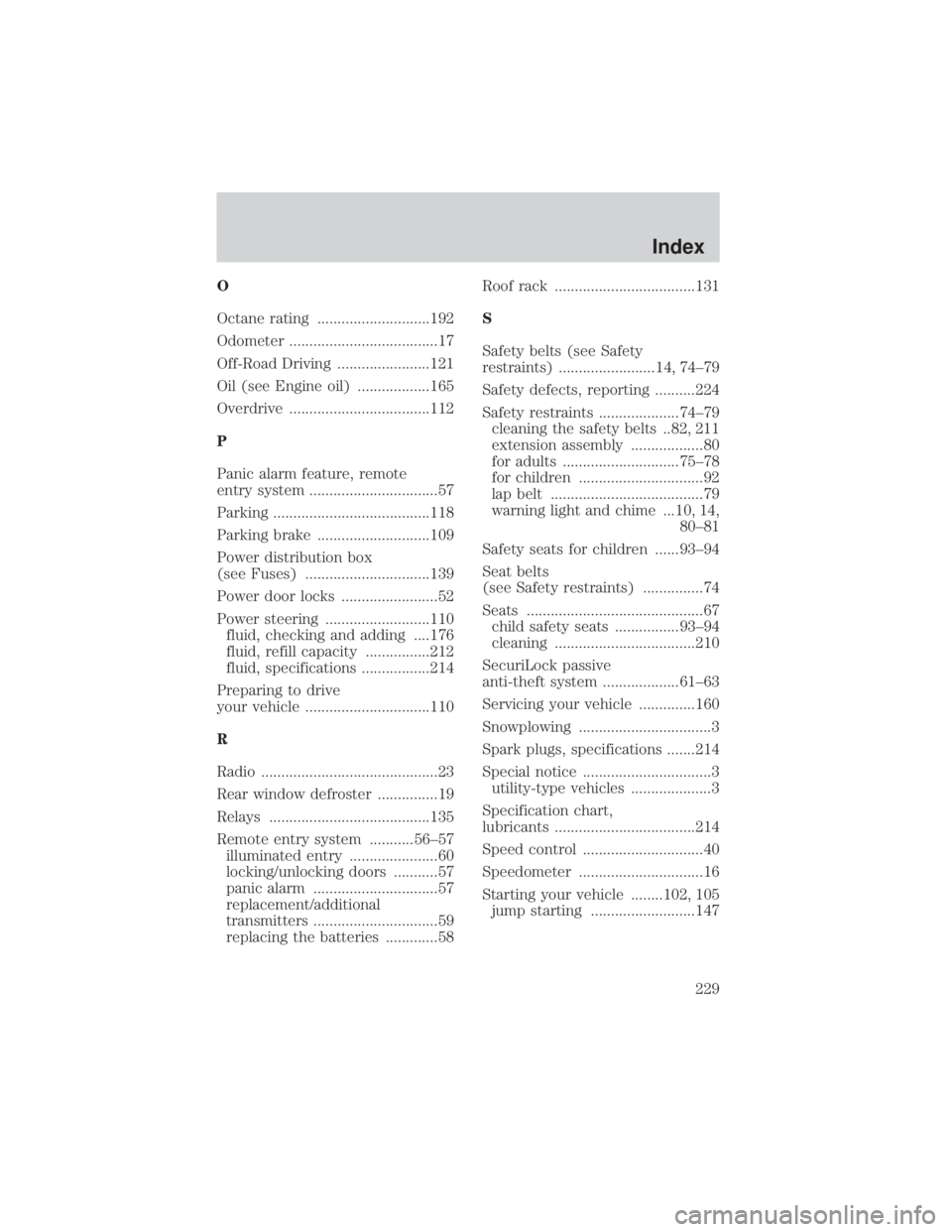 MAZDA MODEL TRIBUTE 4WD 2001  Owners Manual O
Octane rating ............................192
Odometer .....................................17
Off-Road Driving .......................121
Oil (see Engine oil) ..................165
Overdrive ......