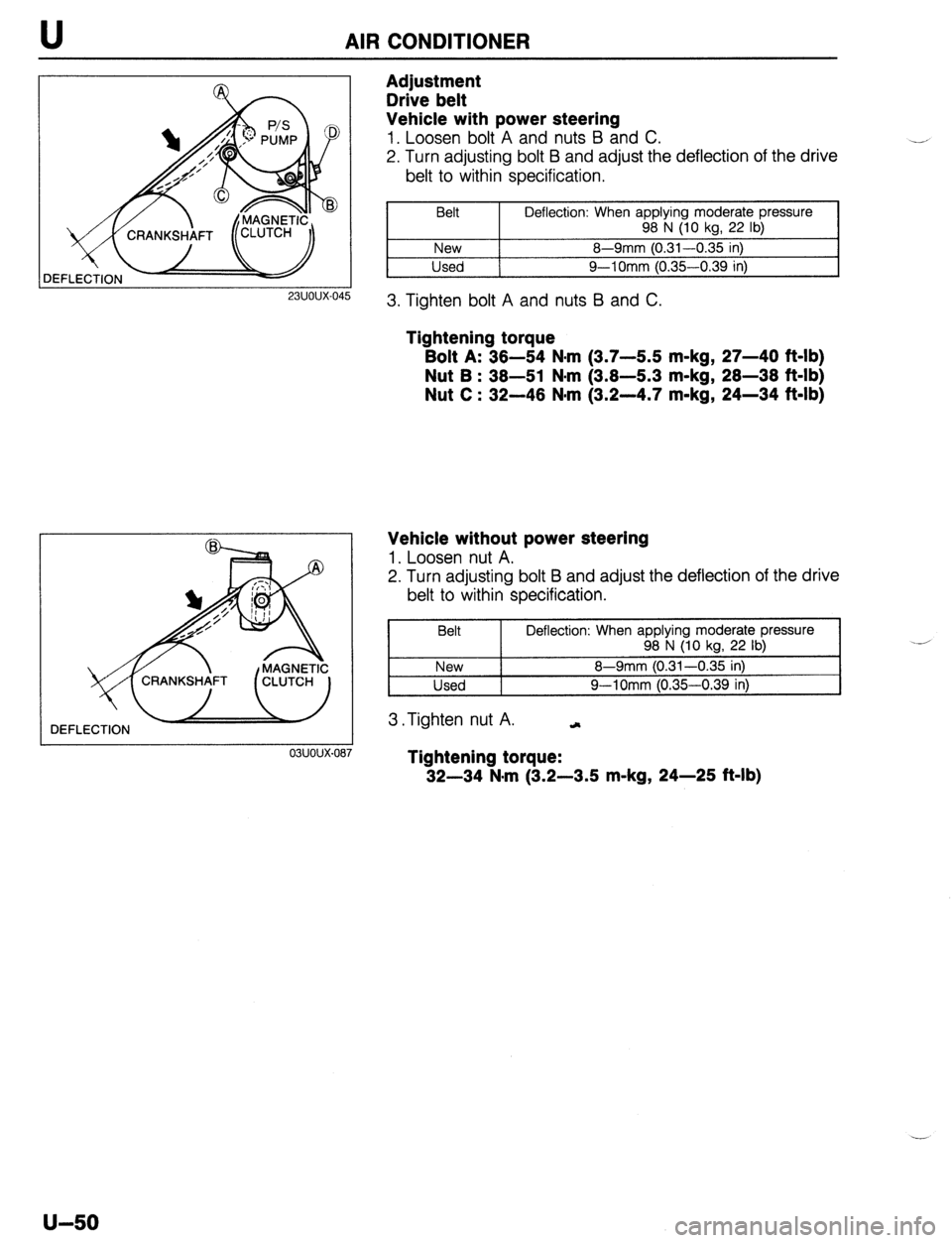 MAZDA 323 1989  Factory Repair Manual AIR CONDITIONER 
Adjustment 
Drive belt 
Vehicle with power steering 
1. Loosen bolt A and nuts B and C. 
2. Turn adjusting bolt B and adjust the deflection of the drive 
belt to within specification.