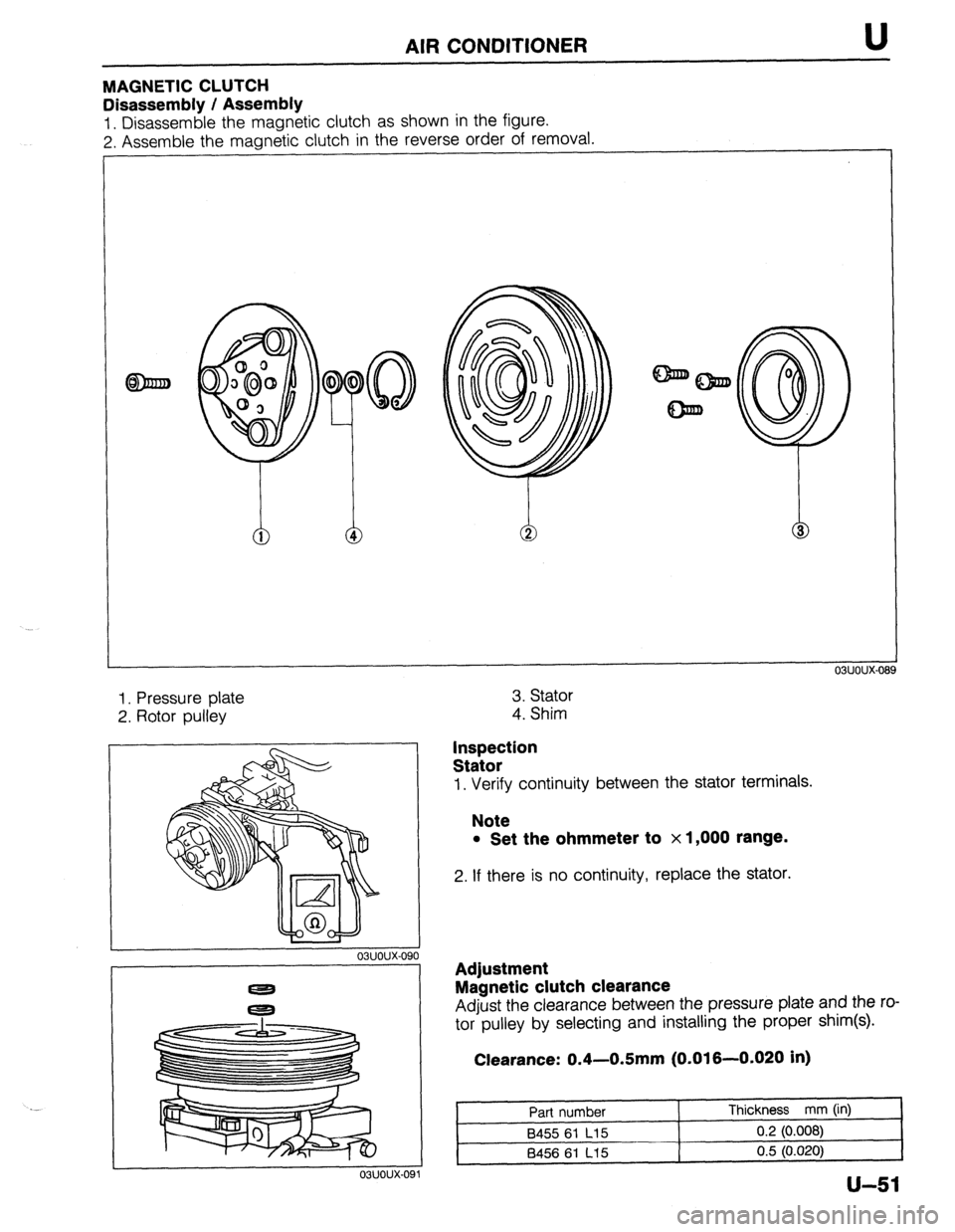 MAZDA 323 1989  Factory Repair Manual AIR CONDITIONER 
MAGNETIC CLUTCH 
Disassembly / Assembly 
1. Disassemble the magnetic clutch as shown in the figure. 
2. Assemble the magnetic clutch in the reverse order of removal. 
I 
1. Pressure p