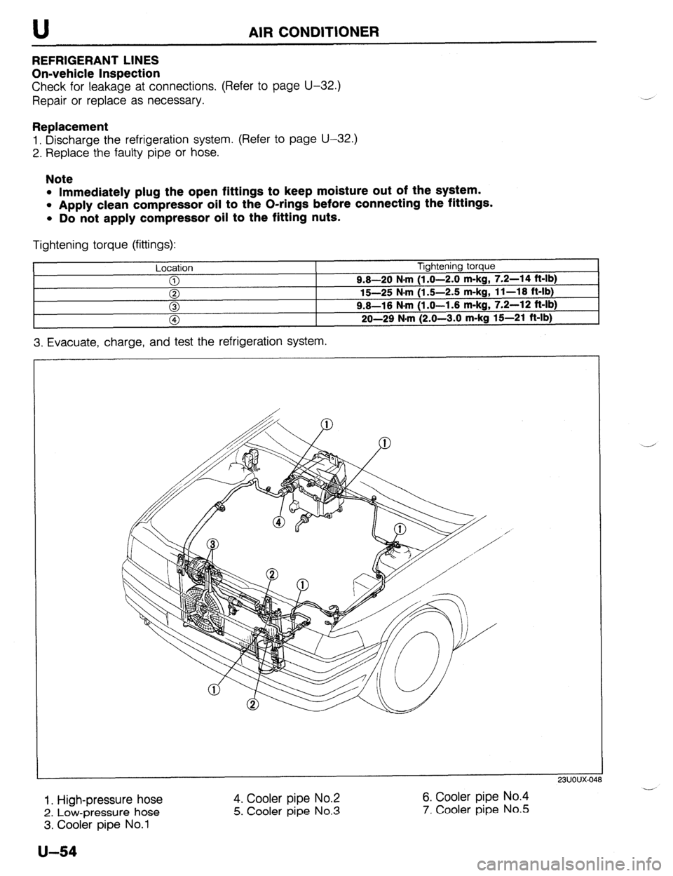 MAZDA 323 1989  Factory Repair Manual AIR CONDITIONER 
REFRIGERANT LINES 
On-vehicle Inspection 
Check for leakage at connections. (Refer to page U-32.) 
Repair or replace as necessary. 
Replacement 
1. Discharge the refrigeration system.