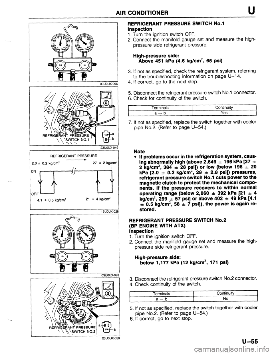 MAZDA 323 1989 Factory Repair Manual AIR CONDITIONER U
REFRIGERANT PRESSURE
2.0 f 0.2 kg/cm* 27 f 2 kg/cm’
4.1 f 0.5 kg/cm* 21 * 4 kg/cm*
03uoux-09
9
23UOUX-050
REFRIGERANT PRESSURE SWITCH No.1
Inspection
1. Turn the ignition MAZDA 323 1989 Factory Repair Manual AIR CONDITIONER U
REFRIGERANT PRESSURE
2.0 f 0.2 kg/cm* 27 f 2 kg/cm’
4.1 f 0.5 kg/cm* 21 * 4 kg/cm*
03uoux-09
9
23UOUX-050
REFRIGERANT PRESSURE SWITCH No.1
Inspection
1. Turn the ignition