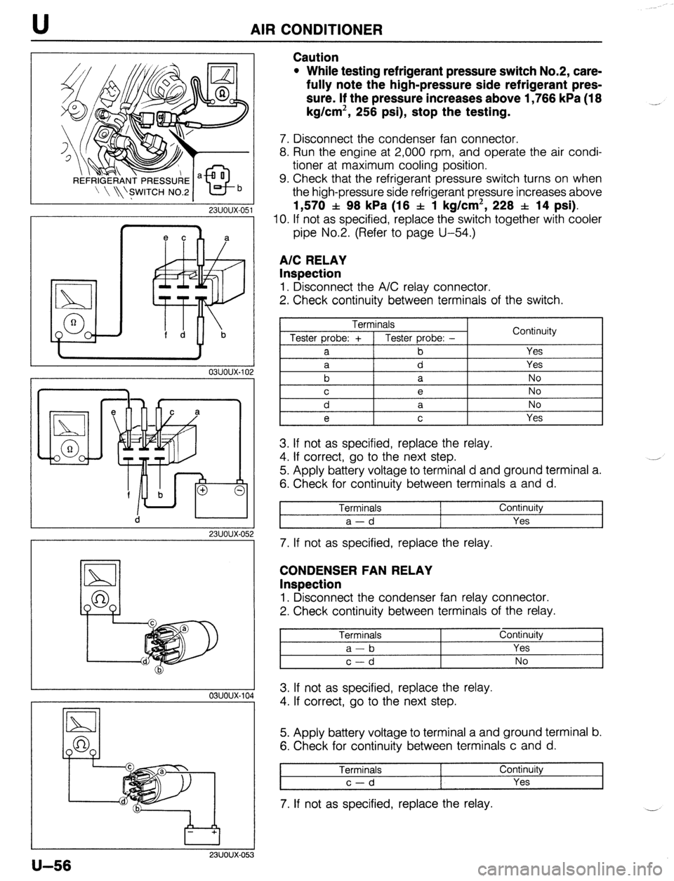 MAZDA 323 1989 Factory Repair Manual AIR CONDITIONER
23UOUX-051
23UOUX-05
23UOUX-05
U-56
Caution
l While testing refrigerant pressure switch No.2, care-
fully note the high-pressure side refrigerant pres-
sure. If the pressure in MAZDA 323 1989 Factory Repair Manual AIR CONDITIONER
23UOUX-051
23UOUX-05
23UOUX-05
U-56
Caution
l While testing refrigerant pressure switch No.2, care-
fully note the high-pressure side refrigerant pres-
sure. If the pressure in