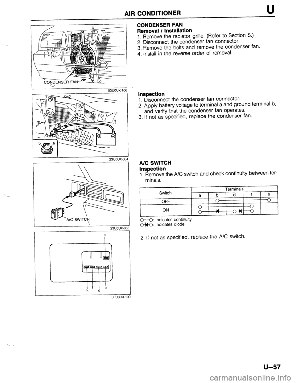 MAZDA 323 1989 Factory Repair Manual AIR CONDITIONER U
CONDENSER FAN
Removal / Installation
1. Remove the radiator grille. (Refer to Section S.)
2. Disconnect the condenser fan connector.
3. Remove the bolts and remove the condenser MAZDA 323 1989 Factory Repair Manual AIR CONDITIONER U
CONDENSER FAN
Removal / Installation
1. Remove the radiator grille. (Refer to Section S.)
2. Disconnect the condenser fan connector.
3. Remove the bolts and remove the condenser