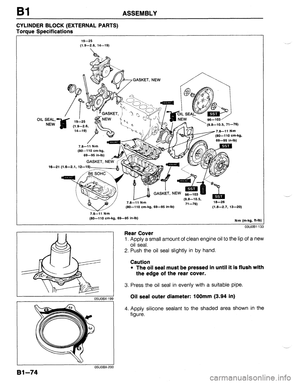 MAZDA 323 1989  Factory Repair Manual Bl ASSEMBLY 
CYLINDER BLOCK (EXTERNAL PARTS) 
Torque Specifications 
19-25 
(1.9-2.6, 14-19) 
GASKET, NEW 
OIL SEAL, 
NEW 
7.6-11 N.m 
(60-l 10 cm-kg, 
69-95 in-lb) 
GASKET, NE 
16-21 (1.6-2.1, 12--15