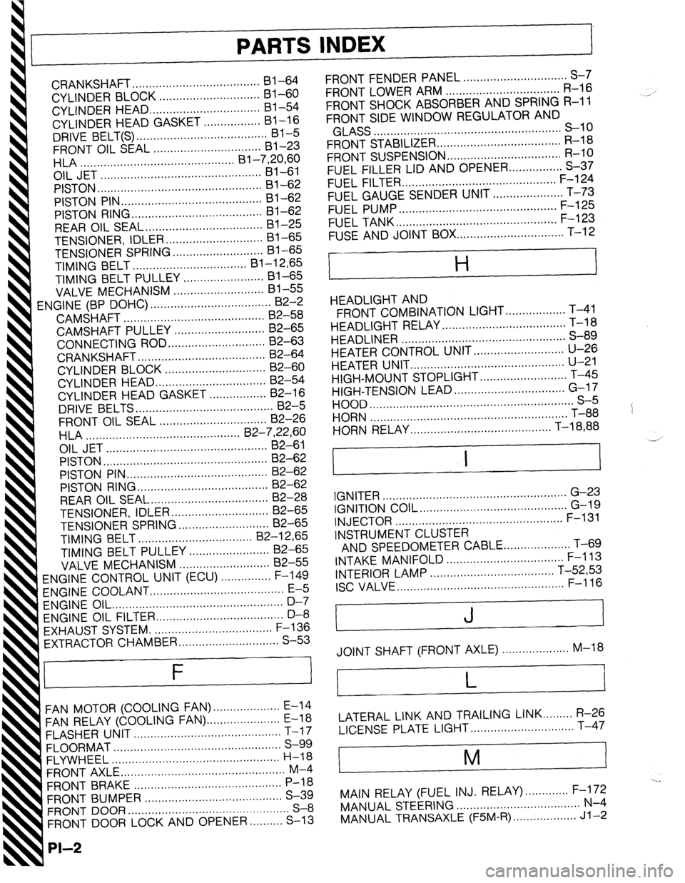 MAZDA 323 1989 Factory Repair Manual PARTS INDEX
I
CRANKSHAFT.. ....................................
I31 -64
CYLINDER BLOCK .............................. 61-60
CYLINDER HEAD..
............................... 81-54
CYLINDER HEAD G MAZDA 323 1989 Factory Repair Manual PARTS INDEX
I
CRANKSHAFT.. ....................................
I31 -64
CYLINDER BLOCK .............................. 61-60
CYLINDER HEAD..
............................... 81-54
CYLINDER HEAD G