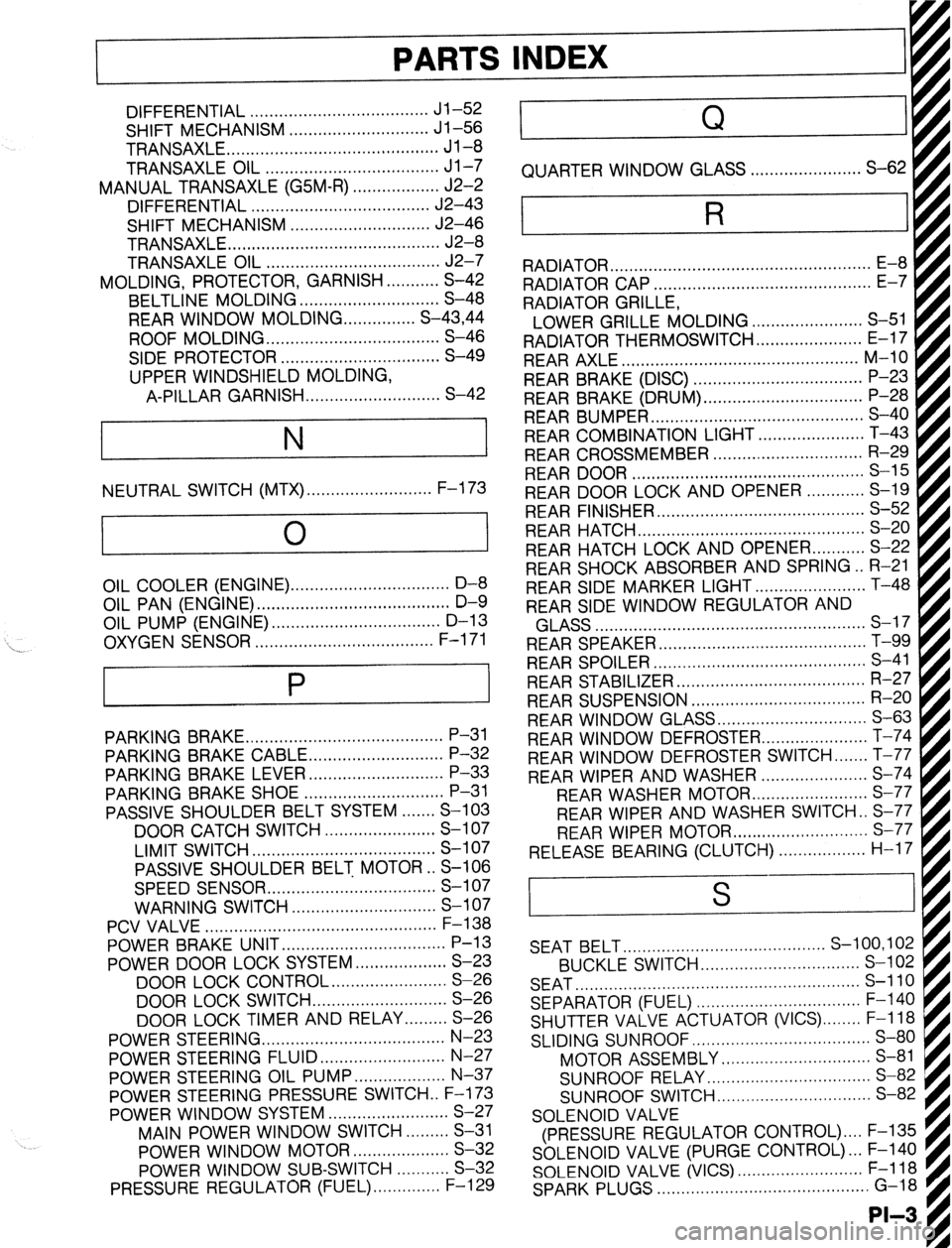 MAZDA 323 1989  Factory Repair Manual PARTS 
DIFFERENTIAL ..................................... Jl-52 
SHIFT MECHANISM ............................. Jl-56 
TRANSAXLE ............................................ Jl-8 
TRANSAXLE OIL .......