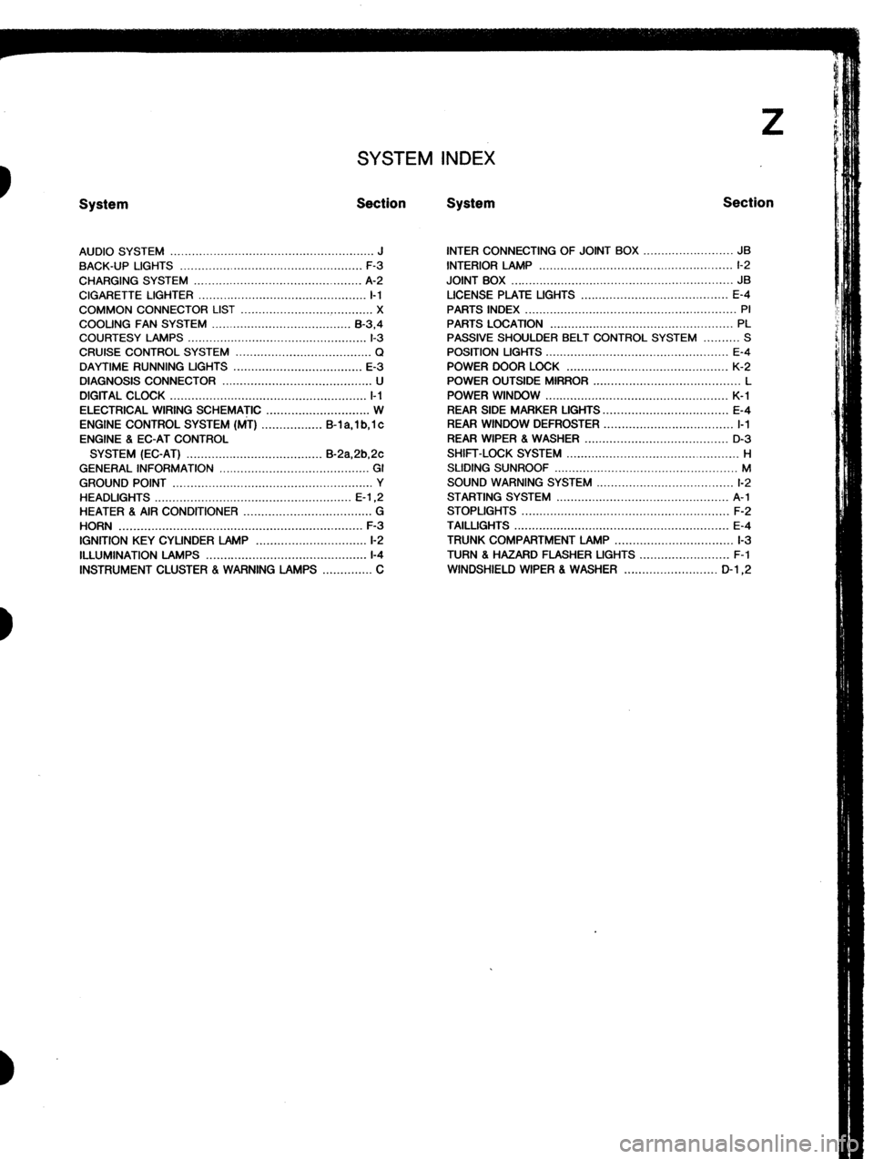 MAZDA 323 1989 Factory Repair Manual Z
SYSTEM INDEX
System Section System Section
AUDIO SYSTEM ......................................................... J
BACK-UP LIGHTS ...................................................
F-3
CHARG MAZDA 323 1989 Factory Repair Manual Z
SYSTEM INDEX
System Section System Section
AUDIO SYSTEM ......................................................... J
BACK-UP LIGHTS ...................................................
F-3
CHARG