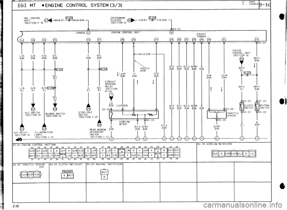 MAZDA 323 1989 Factory Repair Manual (SECTION I-41
4
I31
81 -01 ENGINE CONTROL UNITIEM)
1" IS 10 10 1M 1K 11 1G 1E 1C 1A 2Y 2W 2U 25 2Q 20 2M 2K 21 26 2E 2C 2A
R/0 O/L G/0 G Y LG/Y * G/W Y/B
v L/R * L/O Y y%/W R Y LG/R X ’ + ‘ MAZDA 323 1989 Factory Repair Manual (SECTION I-41
4
I31
81 -01 ENGINE CONTROL UNITIEM)
1" IS 10 10 1M 1K 11 1G 1E 1C 1A 2Y 2W 2U 25 2Q 20 2M 2K 21 26 2E 2C 2A
R/0 O/L G/0 G Y LG/Y * G/W Y/B
v L/R * L/O Y y%/W R Y LG/R X ’ + ‘