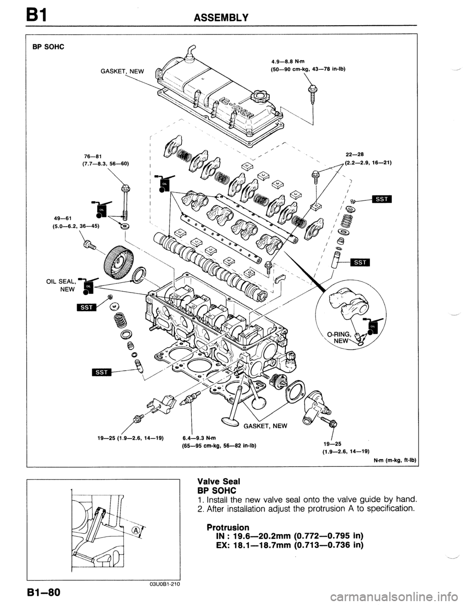 MAZDA 323 1989  Factory Repair Manual Bl ASSEMBLY 
BP SOHC 
4.9-8.8 N.m 
(50-90 cm-kg, 43-76 in-lb) 
76-61 
(7.7-8.3, 56-60) 
49-61 
(5.0-6.2, 36-45) 
 
OIL SEAL, -‘L-l 
3 
NEW 
/ 
I - GASKET, NEW 
19-25 (1.9-2.6, 14-19) 6.4-9.3 N-m 
(6
