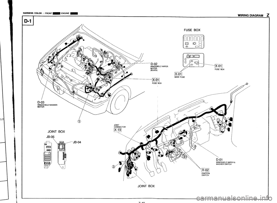 MAZDA 323 1989 Factory Repair Manual HARNESS COLOR : FRONT m ENGINE
JOINT BOX
JB-06
JOINT BOX
7-40 MAZDA 323 1989 Factory Repair Manual HARNESS COLOR : FRONT m ENGINE
JOINT BOX
JB-06
JOINT BOX
7-40