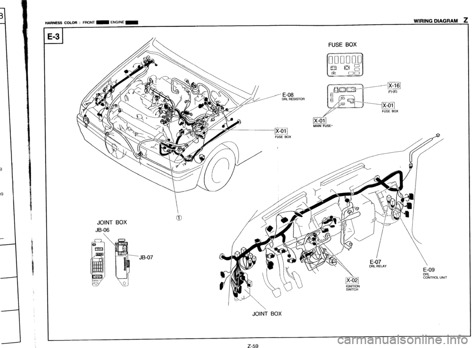 MAZDA 323 1989  Factory Repair Manual HARNESS COLOR : FRONT m ENGlNE m WIRING DIAGRAM L 
I 
E 1-3 -I FUSE BOX 
JOINT BOX 
JB-06 
JB-07 
JOINT BOX  