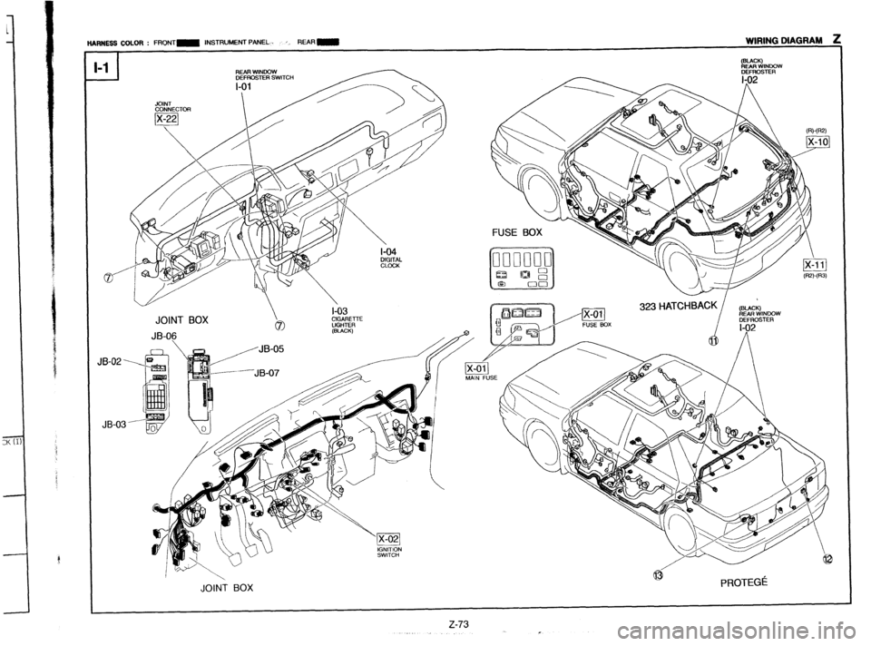 MAZDA 323 1989  Factory Repair Manual HAFINES COLOR : FRONTS INSTRUMENT PANEL 
r. REARm ____ - _-.- _.____ *_ 
3 
JB-02 _ 
JB-03 
JOINT 
CONNECTOR  
I-03 
JOINT BOX 
0 %%F 
JB-06 (-CK) 
 
JOINT BOX 
PROTEGi  