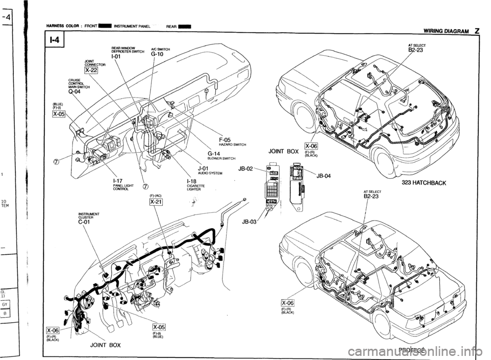 MAZDA 323 1989  Factory Repair Manual 1 
IO 
TEM 
- 
- HARNESS COLOR : FRONT m INSTRUMENT PANEL 
REAR - 
I WIRING 
DIAGRAM 
.Kml 
CoNh 
IECTOR 
HAZARD SWITCH 
l-17 
 l-18 PANEL LIGHT 
CONTROL 0 
f/:,?E~ 
(WAC) 
INSTRUMENT 
CLUSTER 
c-01 
