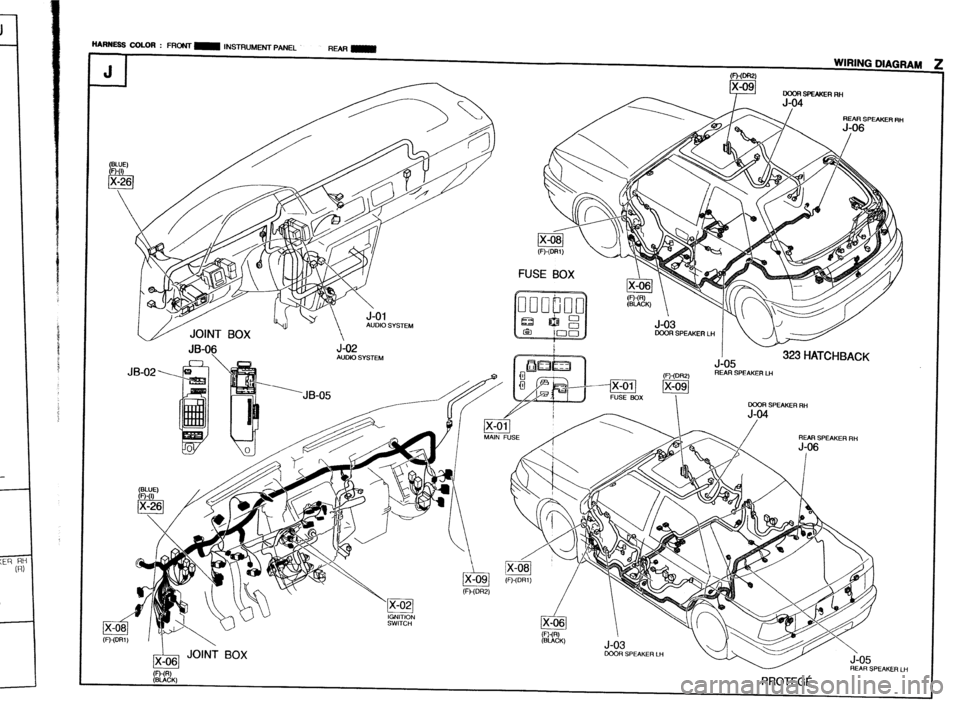 MAZDA 323 1989  Factory Repair Manual - 
- 
iU&i SYSTEM 
JB-06 
JB-02 >q J-02 AUDIO SYSTEM  HARllESS COLOR : FRONT m INSTRUMENT PANEL 
RMmm 
J 1 WIRING DIAGRAM FbmFw~ 
J-US 
,!=U~c1B REAR SPEAKER LH 
.--kKA / REAR SPEAKER RH  OOOR SPEAKER