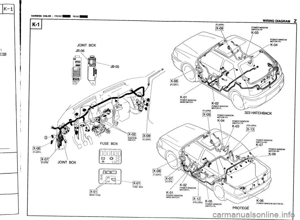 MAZDA 323 1989  Factory Repair Manual HARNESS COLOR : FRONT- REAA~ 
K-l 1 
I WIRING DIAGRAM 
,R-,t-m~~ 
POWER WINDOW 
SWITCH FR JOINT BOX 
JB-06 
JB-05 
FWW 
POWER WINDOW 323 HATCHBACK MOTOR FR 
‘F’-‘DR’)m/  
LI‘ 
FiFR) JOINT BO