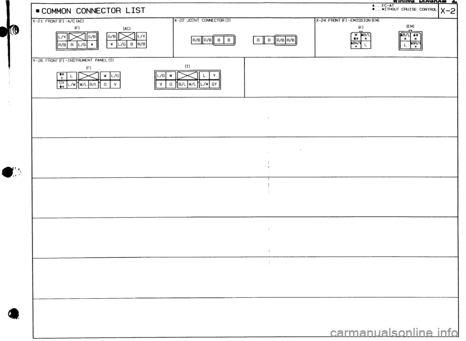 MAZDA 323 1989 Factory Repair Manual *. .kC-AI
l COMMON CONNECTOR LIST b. .WITHOUT CRUISE CONTROt
X-21 FRONT (Fl -A/C (AC) X-22 JOINT CONNECTOR III X-24 FRONT (F1 -EMISSION (EM)
W
(AC) (Fl .(EMl
~1~~~
X-26 FRONT (F) -INSTRUMENT PAN MAZDA 323 1989 Factory Repair Manual *. .kC-AI
l COMMON CONNECTOR LIST b. .WITHOUT CRUISE CONTROt
X-21 FRONT (Fl -A/C (AC) X-22 JOINT CONNECTOR III X-24 FRONT (F1 -EMISSION (EM)
W
(AC) (Fl .(EMl
~1~~~
X-26 FRONT (F) -INSTRUMENT PAN
