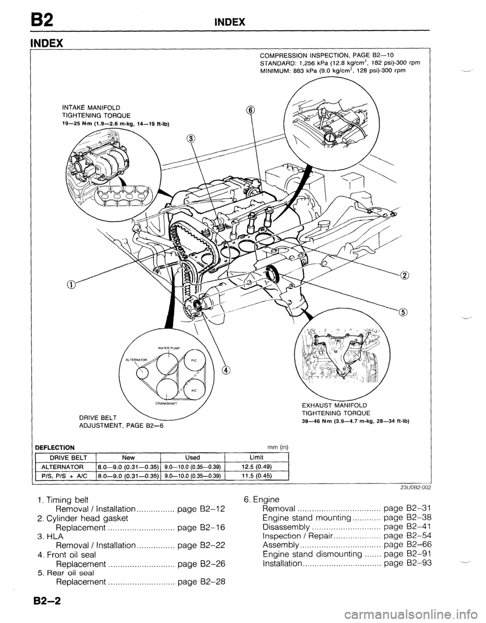 MAZDA 323 1989 Factory Repair Manual 82 INDEX
NDEX
COMPRESSION INSPECTION, PAGE 92-10
STANDARD: 1,256 kPa (12.8 kg/cm2, 182 psi)-300 rpm
MINIMUM: 883 kPa (9.0 kg/cm2, 128 psi)-300 rpm
INTAKE MANIFOLD
TIGHTENING TORQUE
*(I-I)* hl.m MAZDA 323 1989 Factory Repair Manual 82 INDEX
NDEX
COMPRESSION INSPECTION, PAGE 92-10
STANDARD: 1,256 kPa (12.8 kg/cm2, 182 psi)-300 rpm
MINIMUM: 883 kPa (9.0 kg/cm2, 128 psi)-300 rpm
INTAKE MANIFOLD
TIGHTENING TORQUE
*(I-I)* hl.m