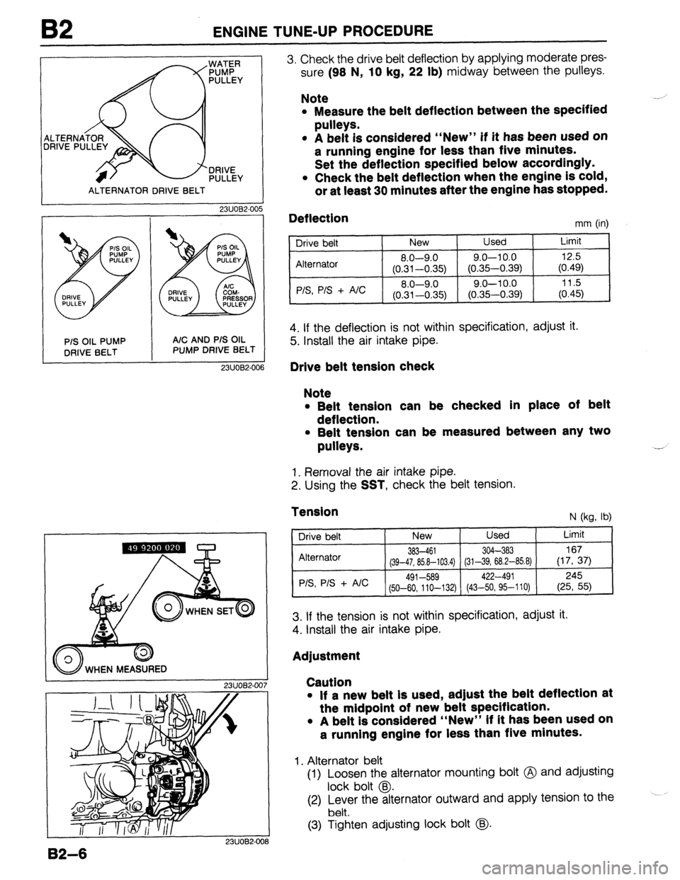MAZDA 323 1989 Factory Repair Manual B2 ENGINE TUNE-UP PROCEDURE
ALTERNATOR DRIVE BELT
2311082-00
P/S OIL PUMP
DRIVE BELT
-
A/C AND P/S OIL
PUMP DRIVE BELT
23UOB2-001
1
23UOB2-00
23UOB2-OC
3. Check the drive belt deflection b MAZDA 323 1989 Factory Repair Manual B2 ENGINE TUNE-UP PROCEDURE
ALTERNATOR DRIVE BELT
2311082-00
P/S OIL PUMP
DRIVE BELT
-
A/C AND P/S OIL
PUMP DRIVE BELT
23UOB2-001
1
23UOB2-00
23UOB2-OC
3. Check the drive belt deflection b