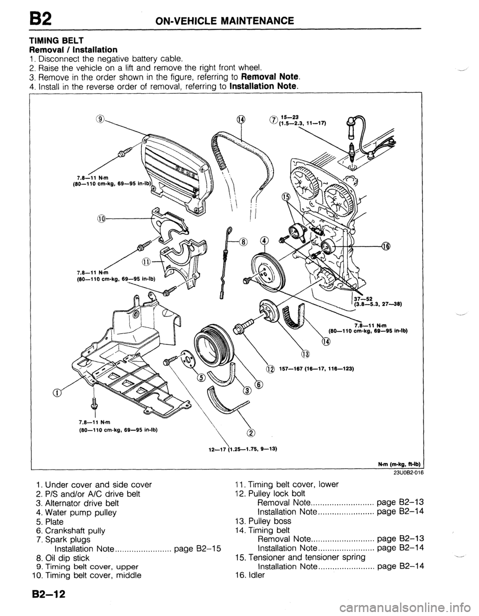 MAZDA 323 1989  Factory Repair Manual B2 ON-VEHICLE MAINTENANCE 
TIMING BELT 
Removal / Installation 
1. Disconnect the negative battery cable. 
2. Raise the vehicle on a lift and remove the right front wheel. 
3. Remove in the order show