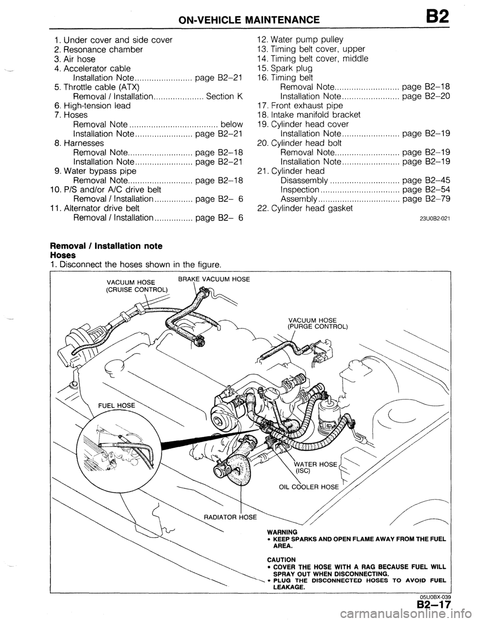 MAZDA 323 1989  Factory Repair Manual ON-VEHICLE MAINTENANCE B2 
1. Under cover and side cover 
2. Resonance chamber 
3. Air hose 
4. Accelerator cable 
Installation Note . . . . . . . . . . . . . . . . . . . . . . . . page B2-21 
5. Thro