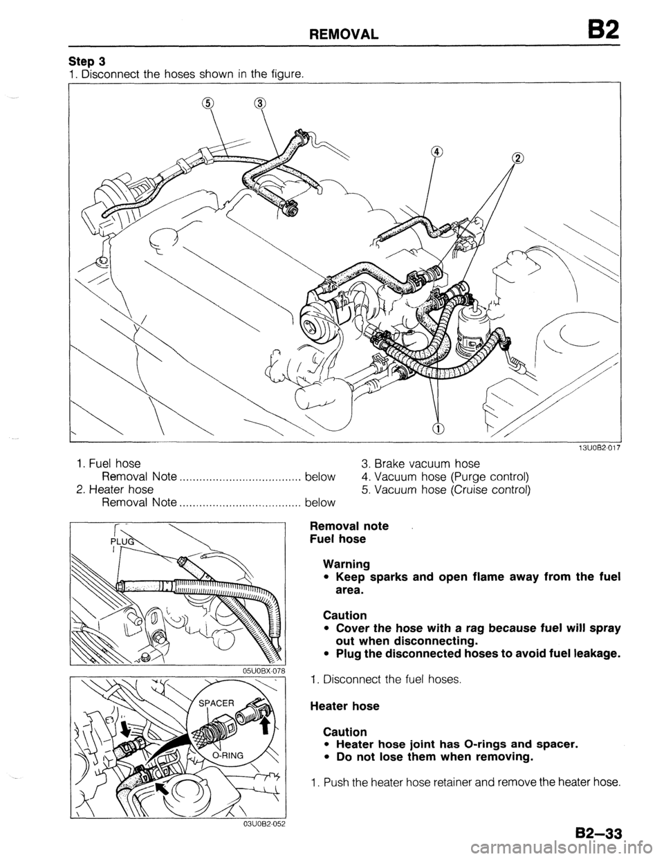 MAZDA 323 1989  Factory Repair Manual REMOVAL 
Step 3 
1. Disconnect the hoses shown in the figure. 
J”“DC-” I I 
1. Fuel hose 
3. Brake vacuum hose 
Removal 
Note . . . . . . . . . . . . . . . . . . . . . . . . . . . . . . . . . . 