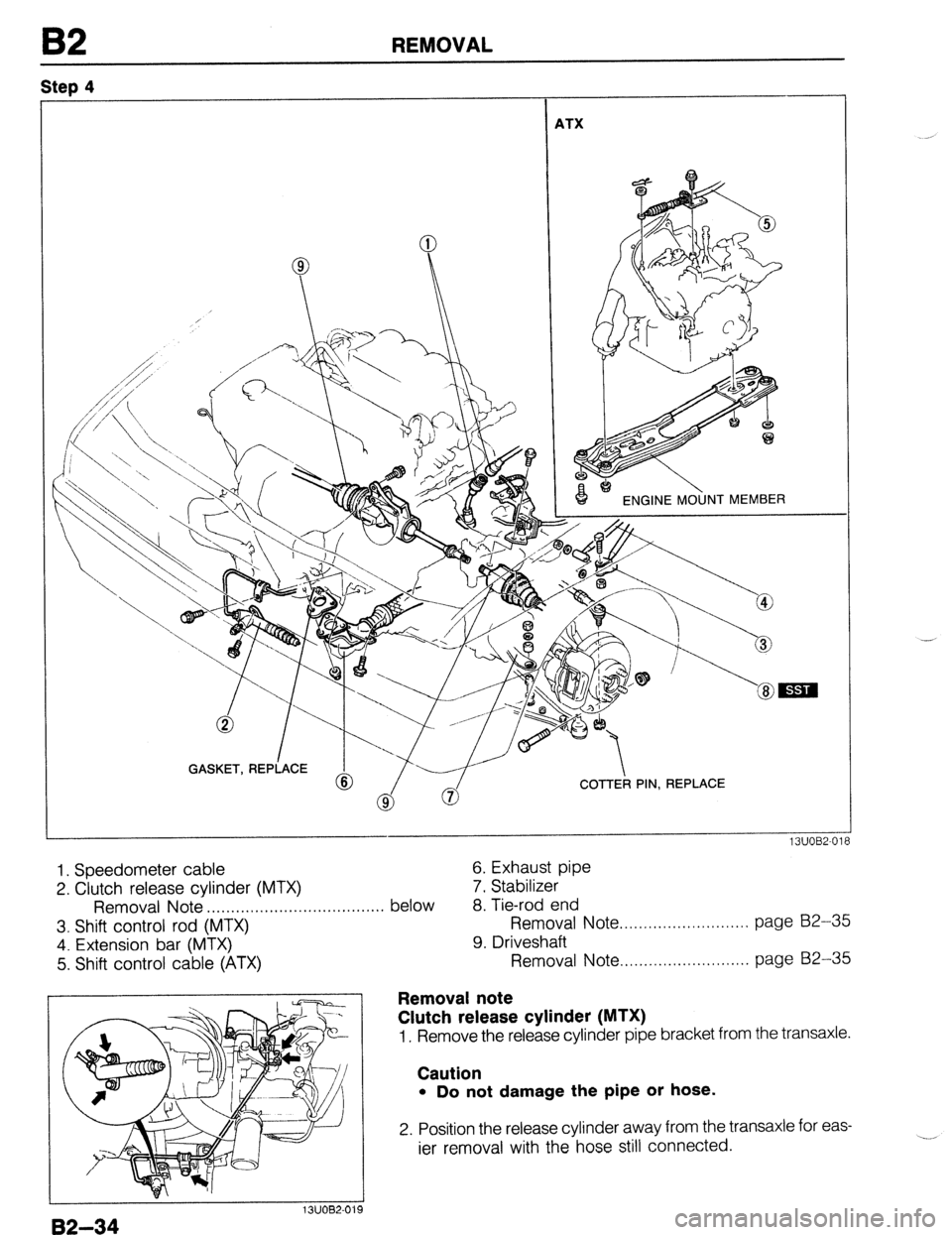 MAZDA 323 1989  Factory Repair Manual 82 REMOVAL 
Won A 
ATX 
I e- ENGINE MOUNT MEMBER 
COTTER PIN, REPLACE 
1. Speedometer cable 
2. Clutch release cylinder (MTX) 
Removal Note . . . . .., . . . . . . . . . . . . . . . . . . . . . . . . 
