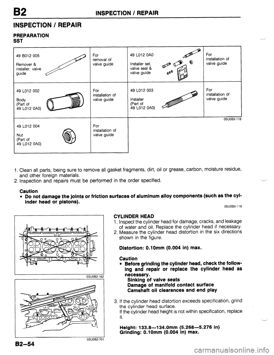 MAZDA 323 1989 Factory Repair Manual I32 INSPECTION / REPAIR
INSPECTION / REPAIR
PREPARATION
SST
49 6012 005 49 6012 005
Remover & Remover &
installer, valve installer, valve
guide guide
49 LO12 002
Body
(Part of
49 LO12 O MAZDA 323 1989 Factory Repair Manual I32 INSPECTION / REPAIR
INSPECTION / REPAIR
PREPARATION
SST
49 6012 005 49 6012 005
Remover & Remover &
installer, valve installer, valve
guide guide
49 LO12 002
Body
(Part of
49 LO12 O