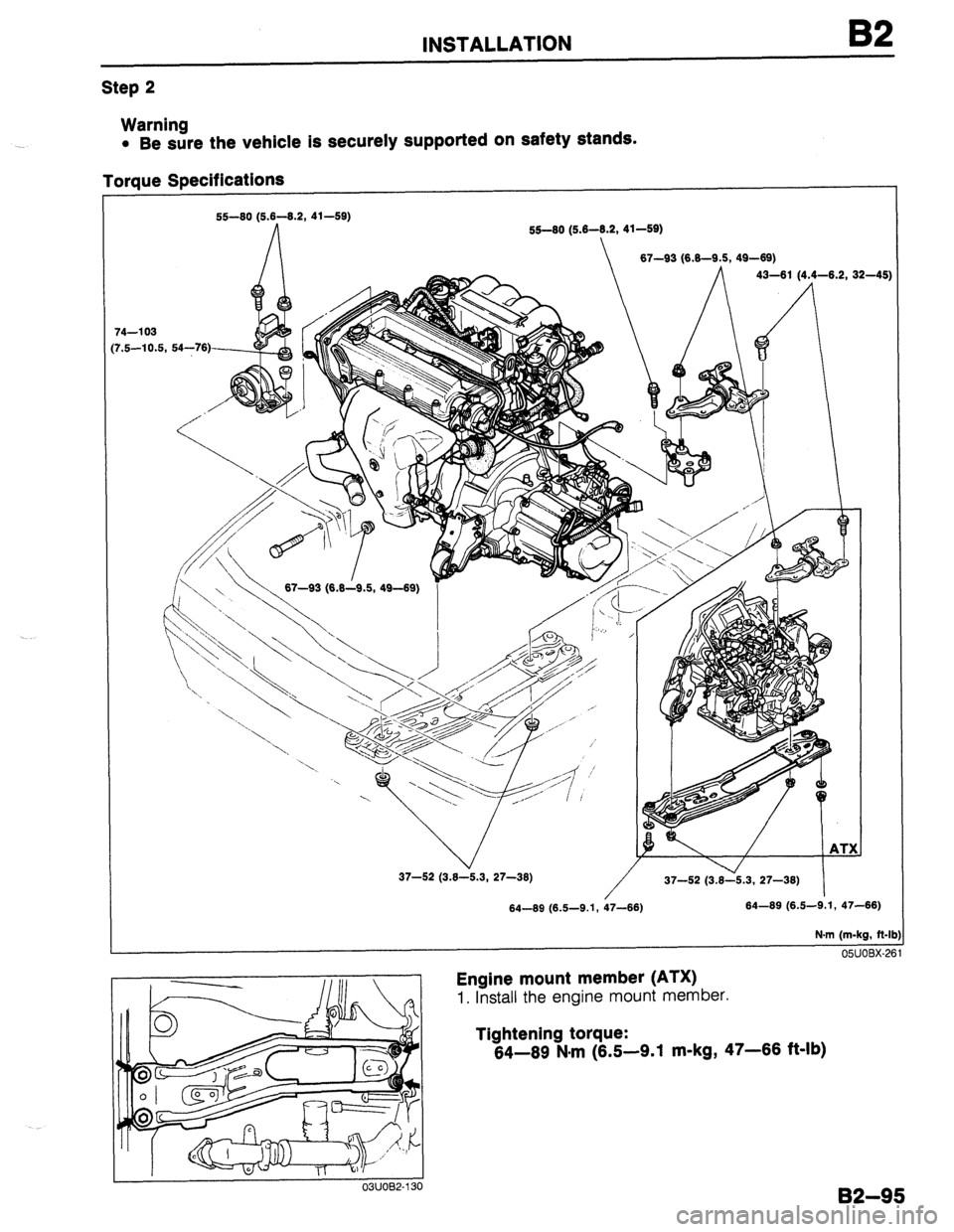 MAZDA 323 1989 Factory Repair Manual INSTALLATION B2
Step 2
Warning
l Be sure the vehicle is securely supported on Safety stands.
Torque Specifications
‘4-l 03
‘.5-10.5, 54-76)
37-52 (3.8-5.3, 27-38)
/
37-52 (3.8-5.3, 27-38) MAZDA 323 1989 Factory Repair Manual INSTALLATION B2
Step 2
Warning
l Be sure the vehicle is securely supported on Safety stands.
Torque Specifications
‘4-l 03
‘.5-10.5, 54-76)
37-52 (3.8-5.3, 27-38)
/
37-52 (3.8-5.3, 27-38)
