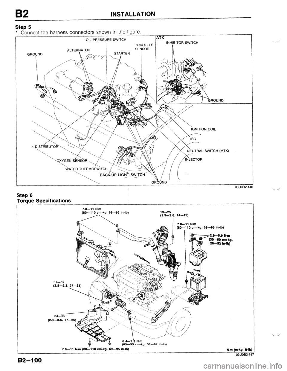 MAZDA 323 1989  Factory Repair Manual B2 INSTALLATION 
Step 5 
1. Connect the harness connectors shown in the figure. 
___--- 
r- 
OIL PRESSURE SWITCH 
THROTTLE 
GROUND ITX 
INHIBITOR SWITCH 
TRAL SWITCH (MTX) 
7.6-11 N.m 
I N.m 
0 cm-kg,